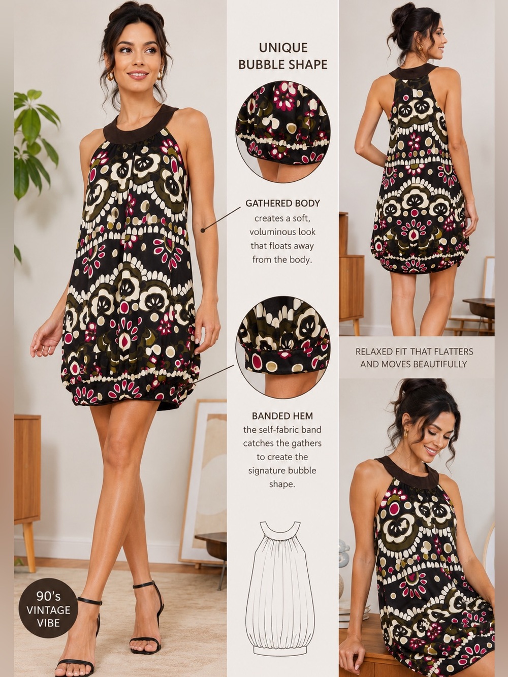 90s Bubble Hem Dress Retro Floral Print Sleeveless Shift Dress
